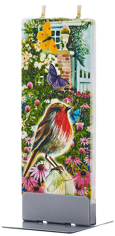 Bird on Fence with Butterflies and Flowers